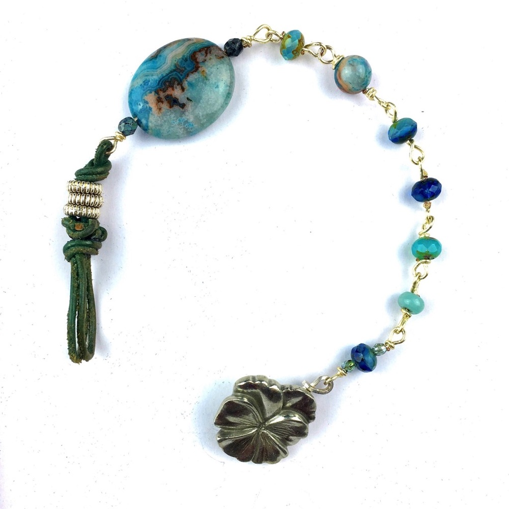 Leather, sterling silver, Czech & Agate bracelet